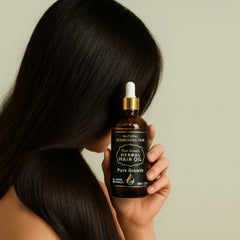 Model holding a bottle of Pure Growth Herbal Hair Oil with long dark hair, promoting natural hair growth