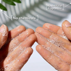 Close-up of Hands with shampoo bubbles and text indicating 'No chemicals' and 'No artificial fragrances'.