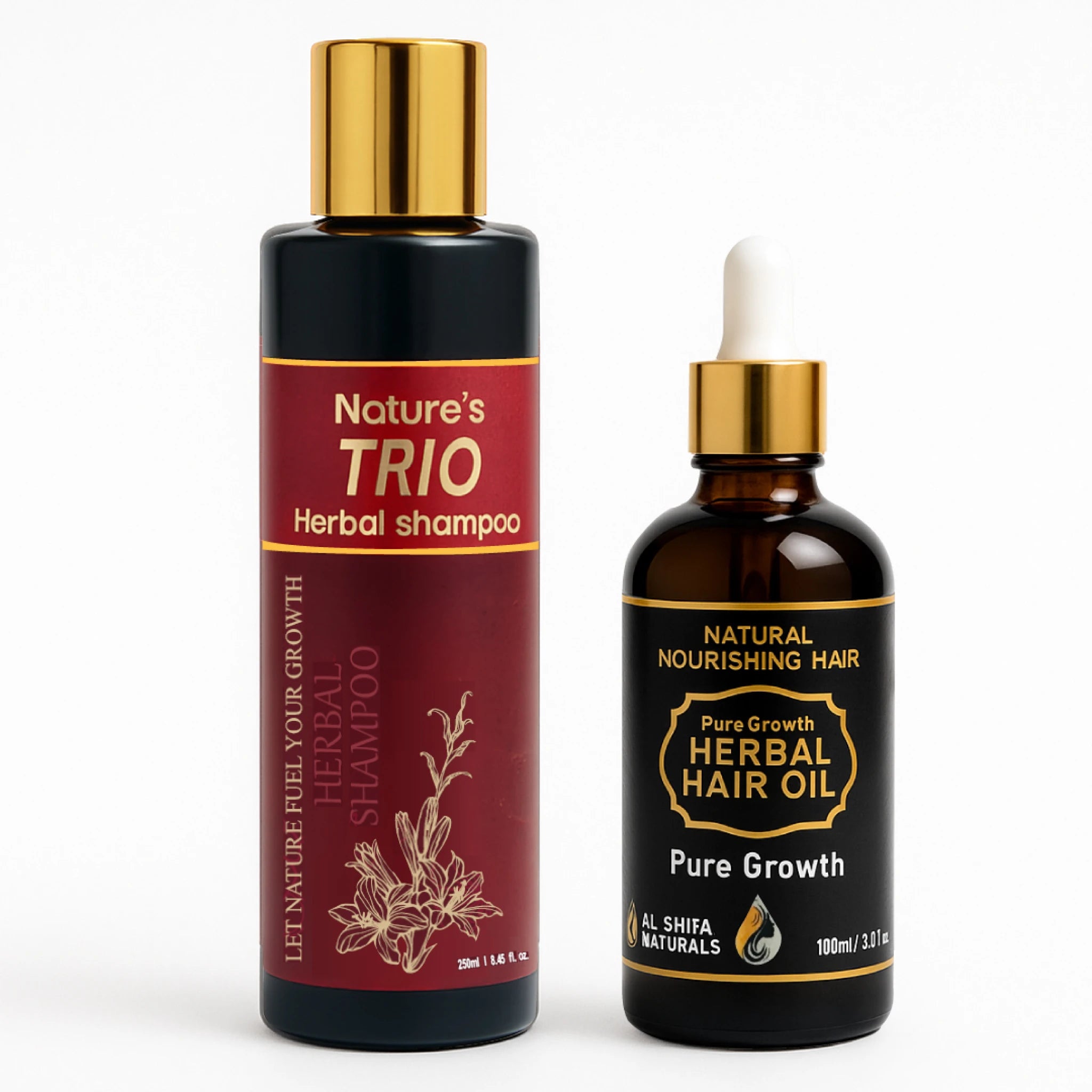 Hair Growth Bundle with Pure Growth Herbal Hair Oil and Nature’s Trio Herbal Shampoo on white background